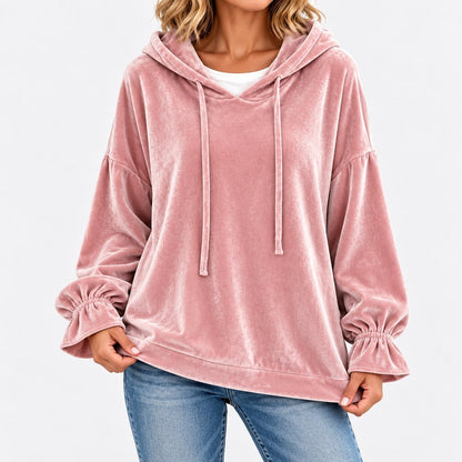 Gladys Relaxed Fit Ruffle-Cuff Hoodie, Drawstring — Pink / Red | Hudson & Wells