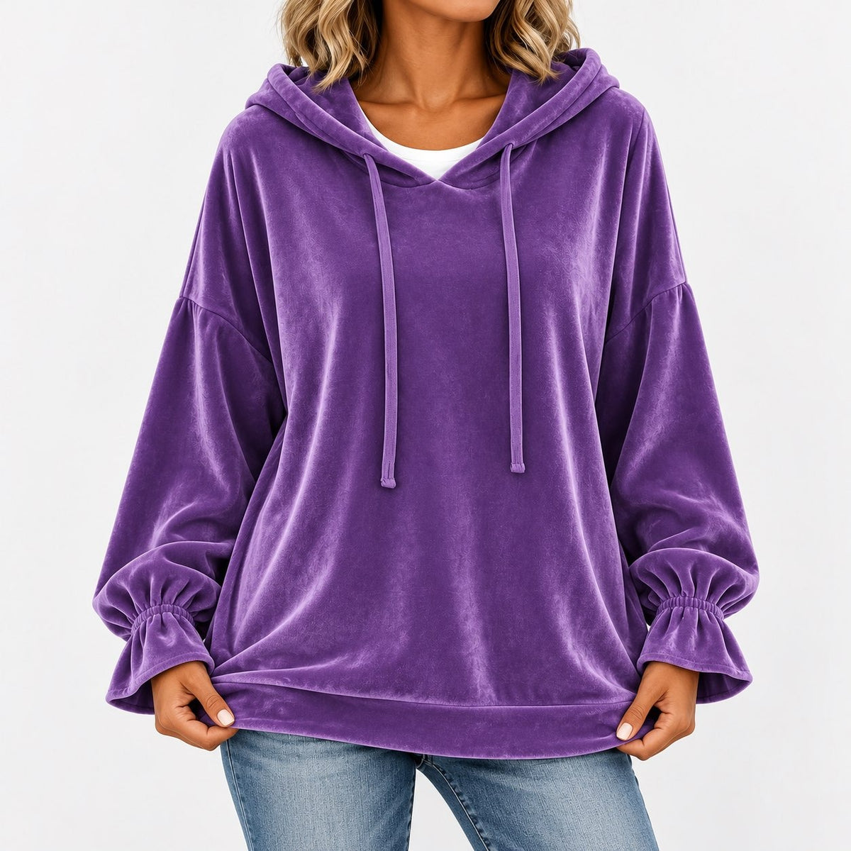 Gladys Relaxed Fit Ruffle-Cuff Hoodie, Drawstring — Purple | Hudson & Wells