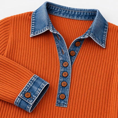 Glenna Comfort Denim-Look Collar Ribbed Knit Top | Hudson & Wells