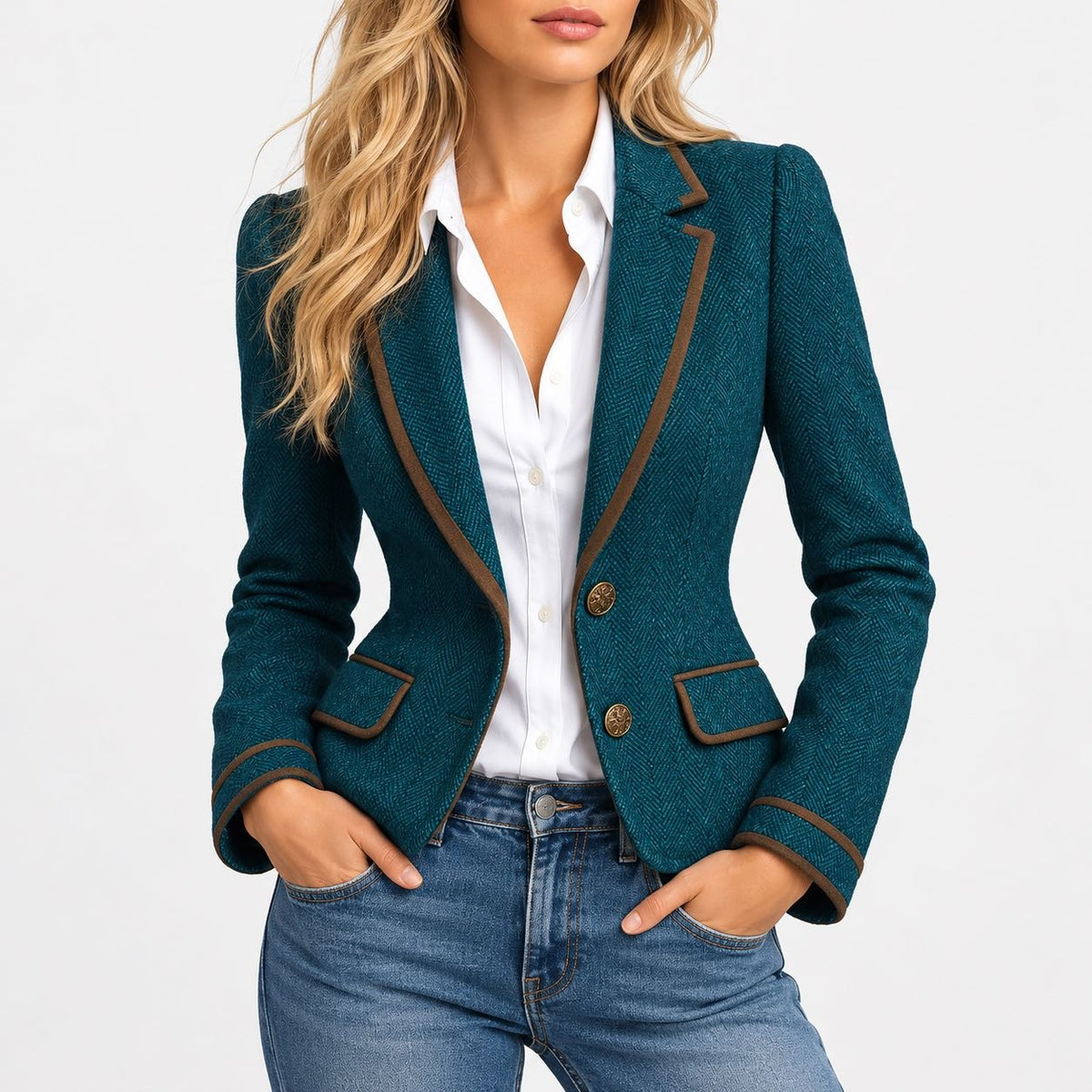Gwendolyn Contrast-Piped Blazer — Green | Hudson & Wells