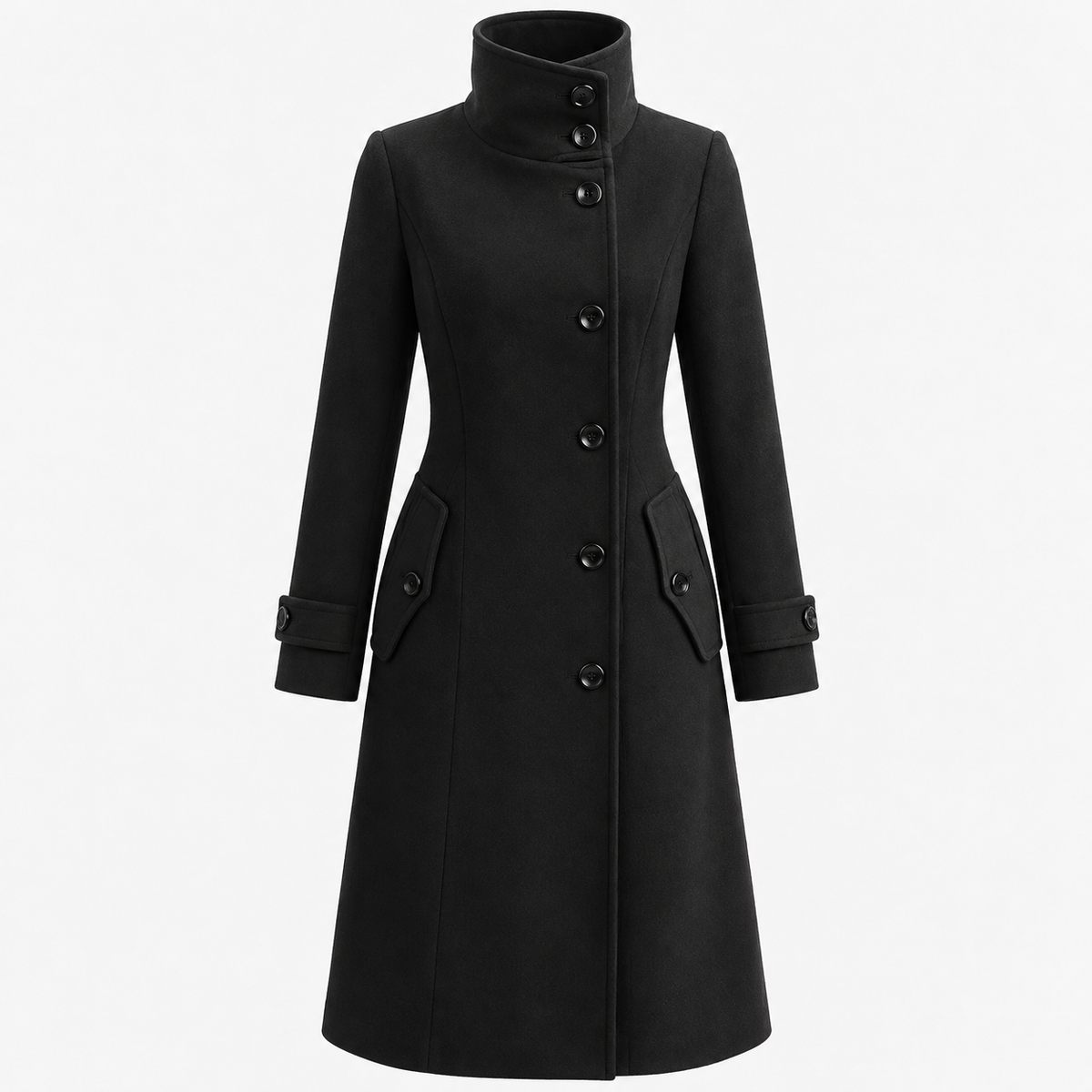 Henrietta Tailored High-Collar Coat — Black | Hudson & Wells
