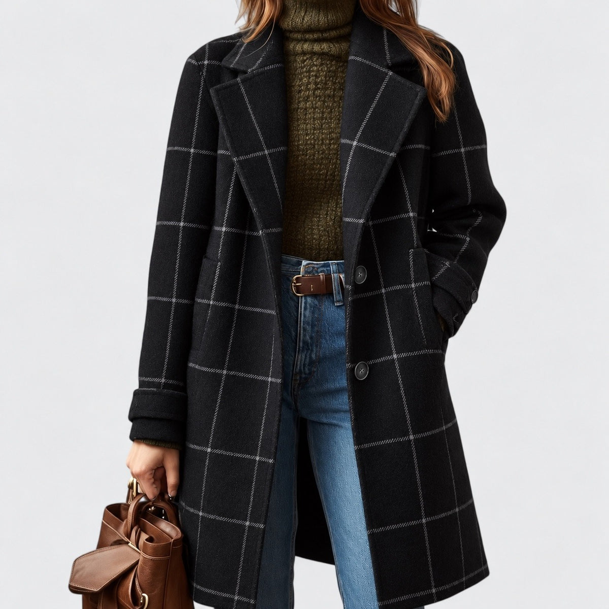 Hester Relaxed Fit Plaid Coat, Notched Lapel — Black | Hudson & Wells