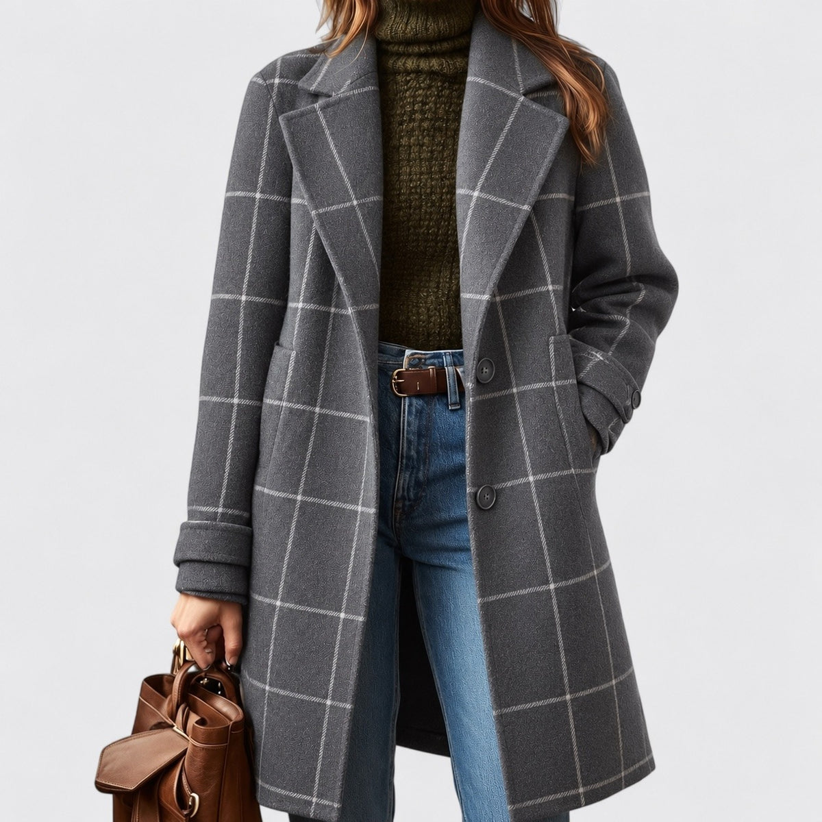 Hester Relaxed Fit Plaid Coat, Notched Lapel — Gray — Striped | Hudson & Wells