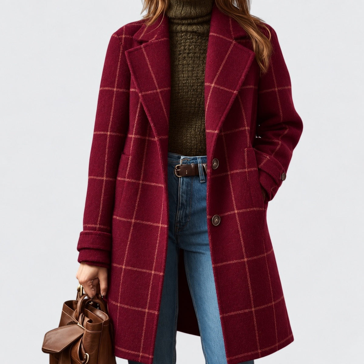 Hester Relaxed Fit Plaid Coat, Notched Lapel — Wine Red — Striped | Hudson & Wells