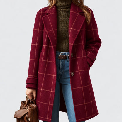 Hester Relaxed Fit Plaid Coat, Notched Lapel — Wine Red — Striped | Hudson & Wells