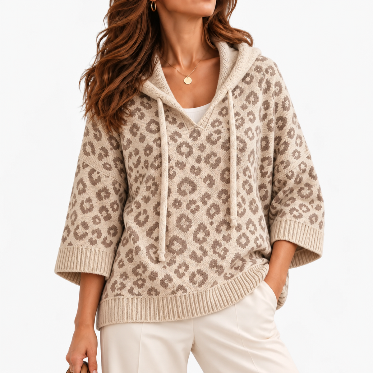 Hilda Relaxed Fit Leopard Hooded Sweater — Apricot | Hudson & Wells