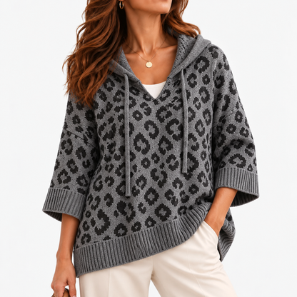 Hilda Relaxed Fit Leopard Hooded Sweater — Dark Gray | Hudson & Wells