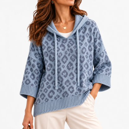Hilda Relaxed Fit Leopard Hooded Sweater — Gray / Blue | Hudson & Wells