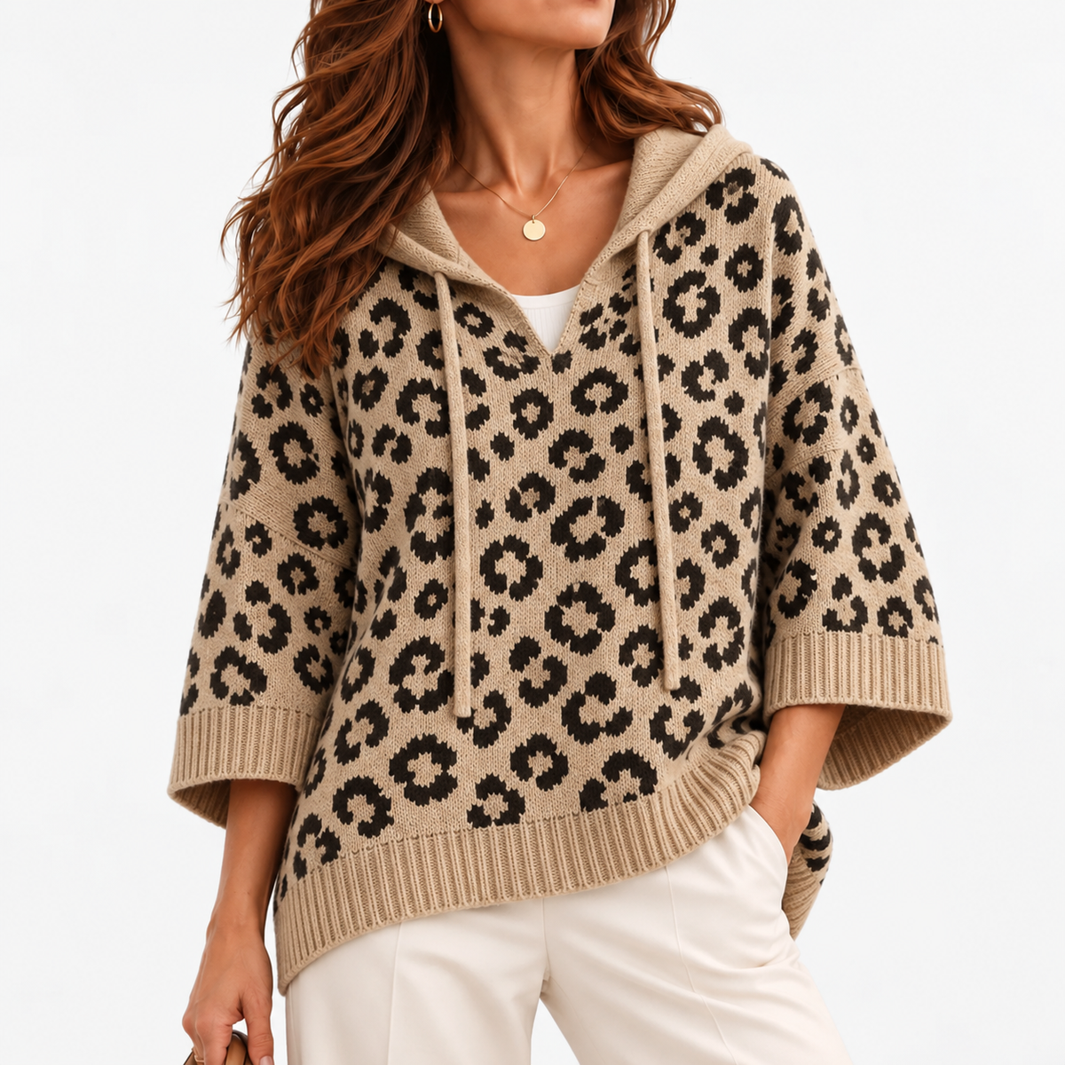 Hilda Relaxed Fit Leopard Hooded Sweater — Khaki | Hudson & Wells