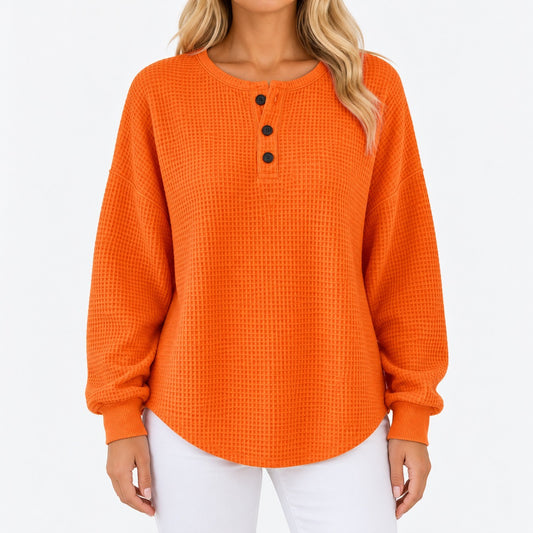 Ivy Relaxed Fit Waffle-Knit Henley Top — Solid Orange | Hudson & Wells