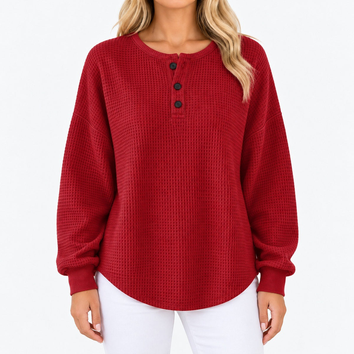Ivy Relaxed Fit Waffle-Knit Henley Top — Solid Red | Hudson & Wells