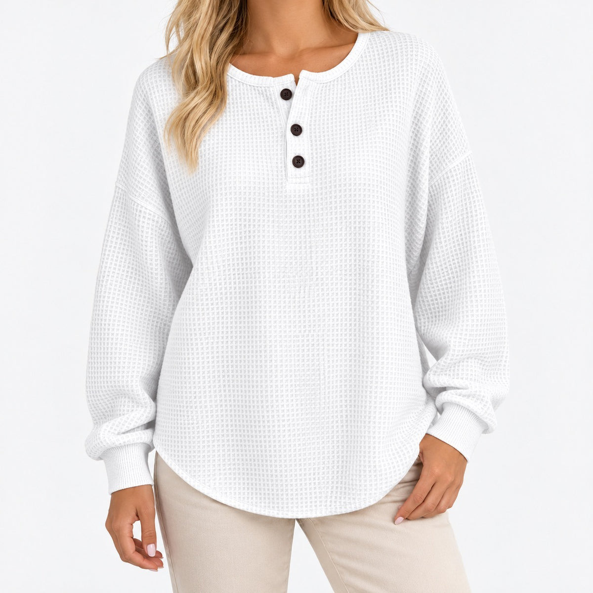 Ivy Relaxed Fit Waffle-Knit Henley Top — Solid White | Hudson & Wells