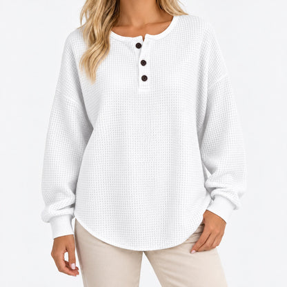 Ivy Relaxed Fit Waffle-Knit Henley Top — Solid White | Hudson & Wells