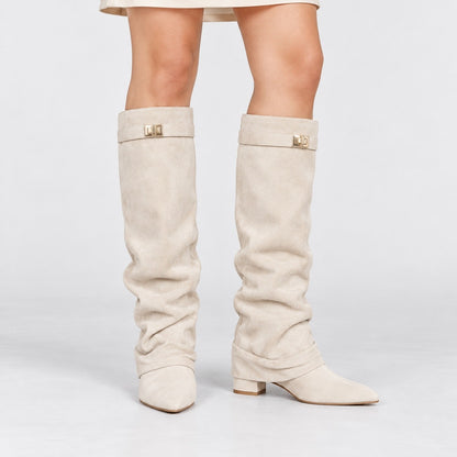 Jolene Relaxed Fit Knee-High Boots, Pointed Toe — Beige | Hudson & Wells