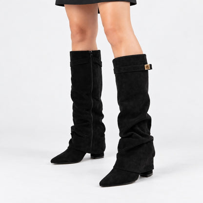 Jolene Relaxed Fit Knee-High Boots, Pointed Toe — Suede Black | Hudson & Wells
