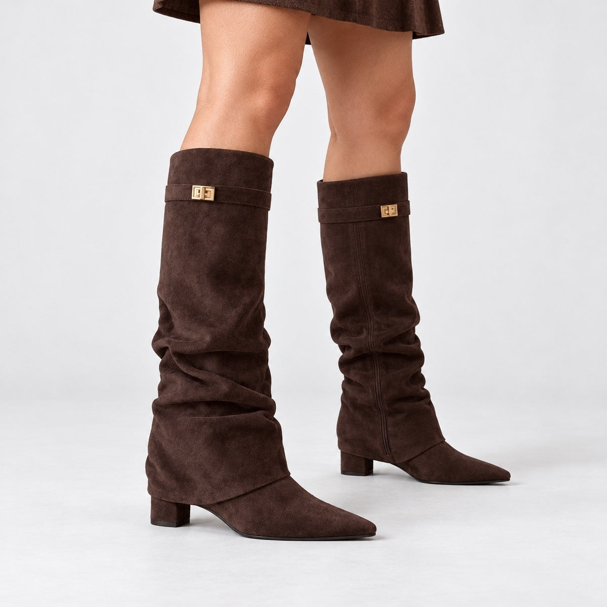 Jolene Relaxed Fit Knee-High Boots, Pointed Toe — Suede Brown | Hudson & Wells