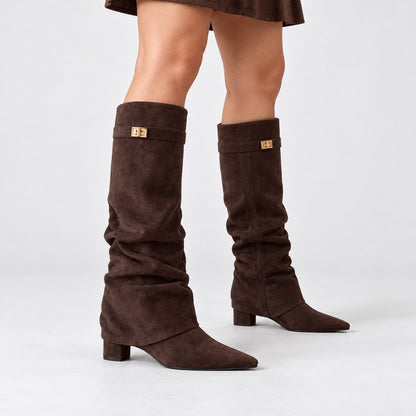 Jolene Relaxed Fit Knee-High Boots, Pointed Toe — Suede Brown | Hudson & Wells