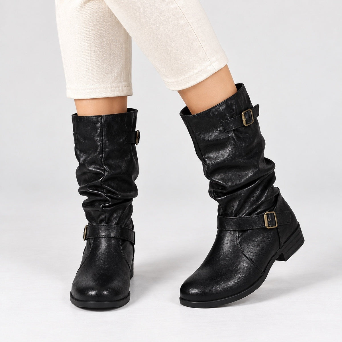 Kathleen Soft Slouch Buckle Boots — Black | Hudson & Wells