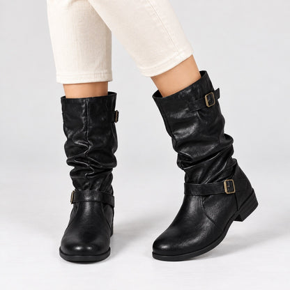 Kathleen Soft Slouch Buckle Boots — Black | Hudson & Wells