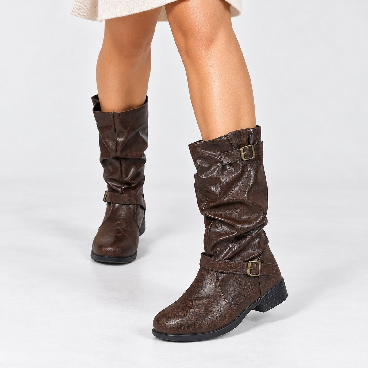 Kathleen Soft Slouch Buckle Boots — Dark Brown | Hudson & Wells