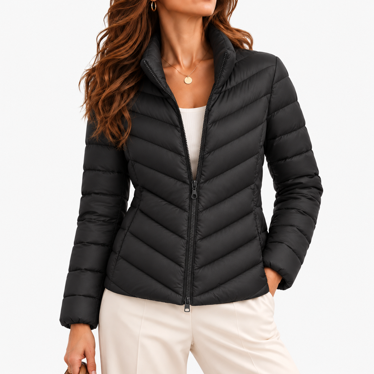 Kathryn Soft Chevron Quilted Puffer Jacket — Black | Hudson & Wells
