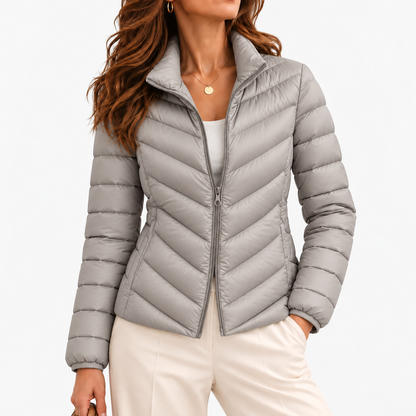 Kathryn Soft Chevron Quilted Puffer Jacket — Grey | Hudson & Wells
