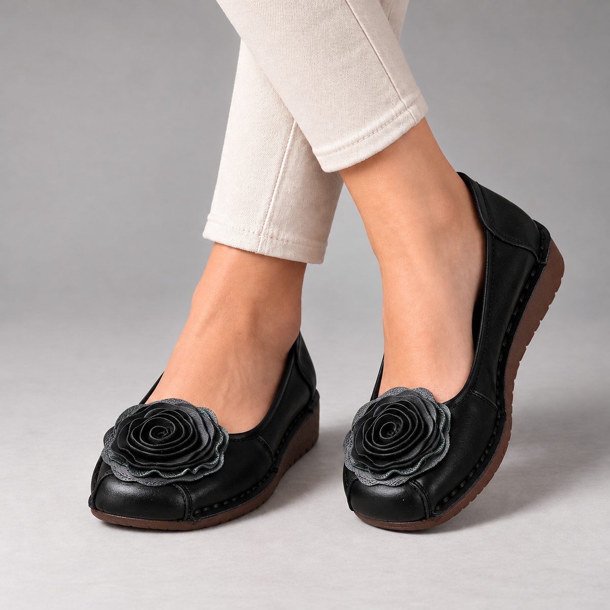 Lavinia Cushioned Slip-On Flats, Rosette Toe — Black | Hudson & Wells