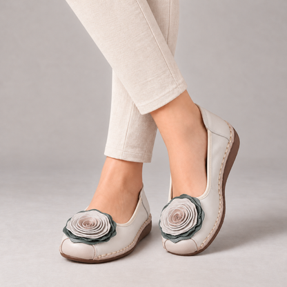 Lavinia Cushioned Slip-On Flats, Rosette Toe — Ivory | Hudson & Wells