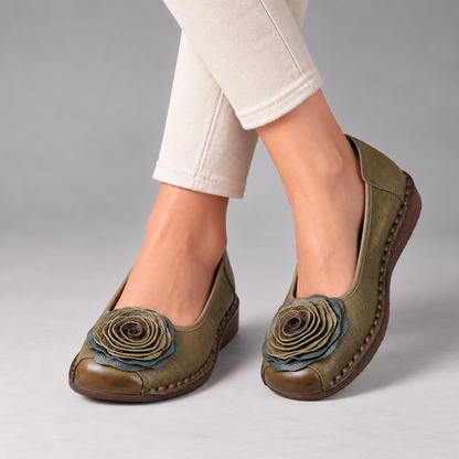 Lavinia Cushioned Slip-On Flats, Rosette Toe — Olive | Hudson & Wells