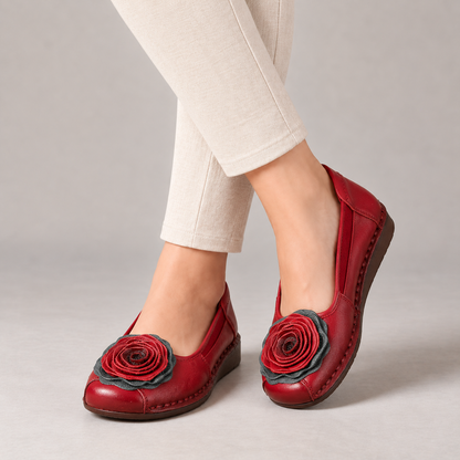 Lavinia Cushioned Slip-On Flats, Rosette Toe — Red | Hudson & Wells