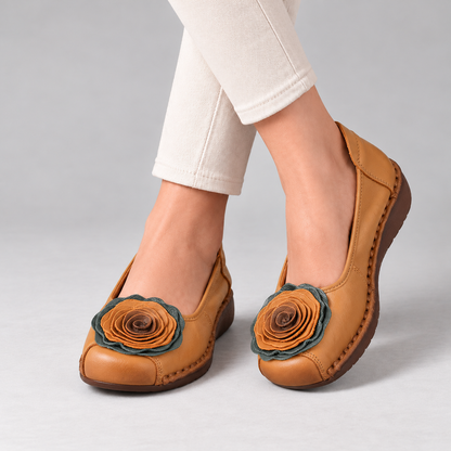 Lavinia Cushioned Slip-On Flats, Rosette Toe — Tan | Hudson & Wells
