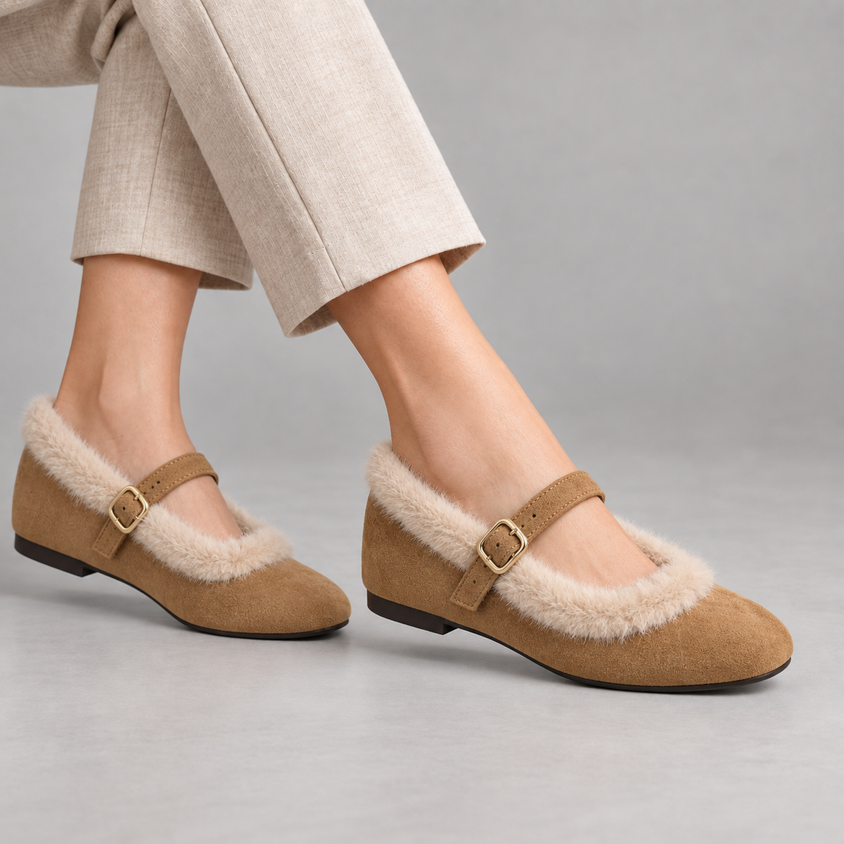 Lillian Women's Orthopedic Comfort Mary Janes, Faux-Fur Trim — Camel | Hudson & Wells