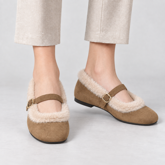 Lillian Women's Orthopedic Comfort Mary Janes, Faux-Fur Trim — Khaki | Hudson & Wells
