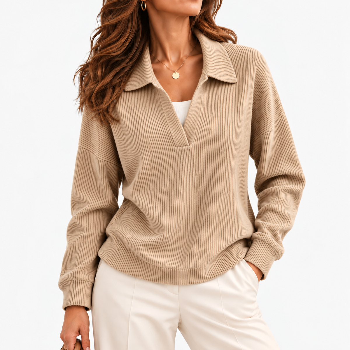 Lois Soft Spread-Collar V-Neck Top — Khaki | Hudson & Wells