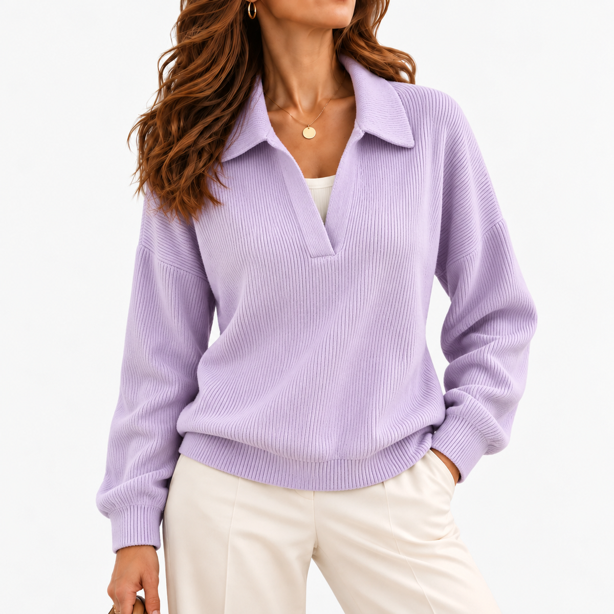 Lois Soft Spread-Collar V-Neck Top — Light Purple | Hudson & Wells