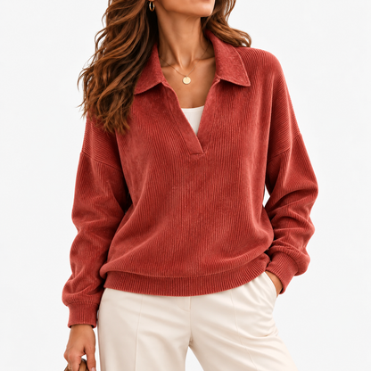 Lois Soft Spread-Collar V-Neck Top — Light Red | Hudson & Wells