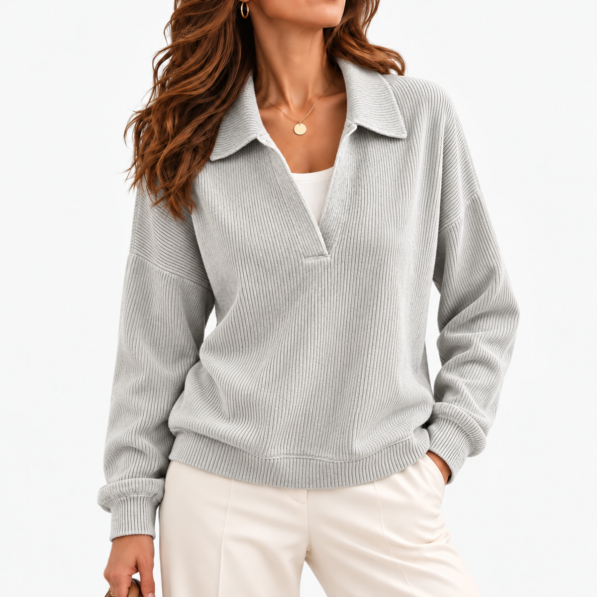Lois Soft Spread-Collar V-Neck Top — Silver Gray | Hudson & Wells