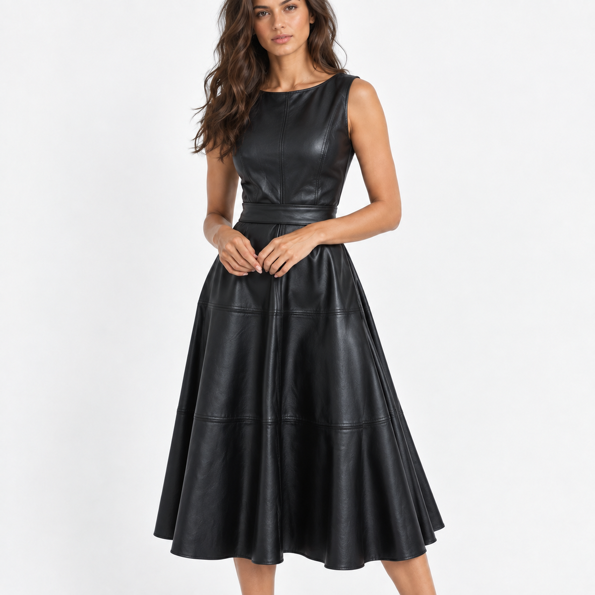 Lorelei Defined-Waist Midi Dress — Black | Hudson & Wells