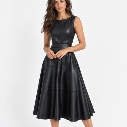 Lorelei Defined-Waist Midi Dress — Black | Hudson & Wells