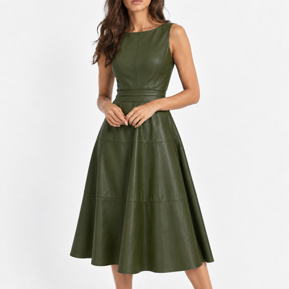 Lorelei Defined-Waist Midi Dress — Green | Hudson & Wells