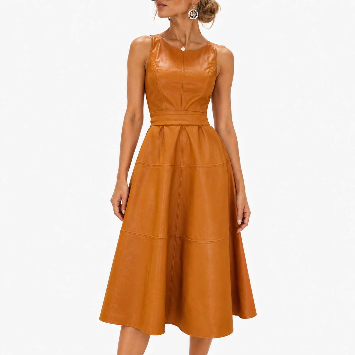 Lorelei Defined-Waist Midi Dress — Orange | Hudson & Wells