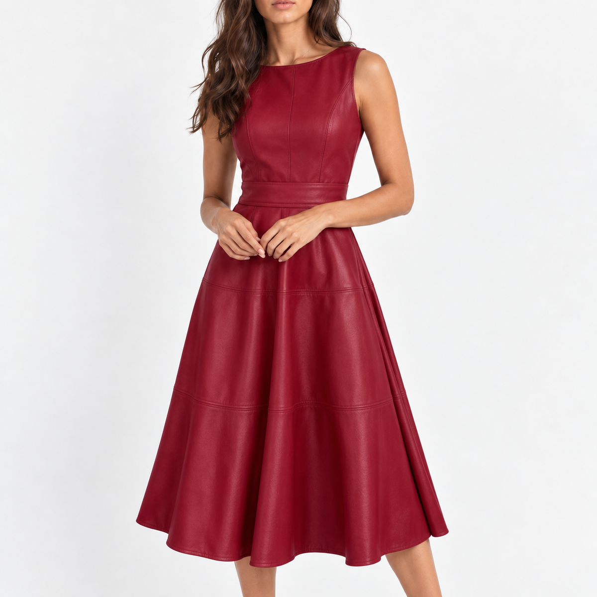 Lorelei Defined-Waist Midi Dress — Red | Hudson & Wells