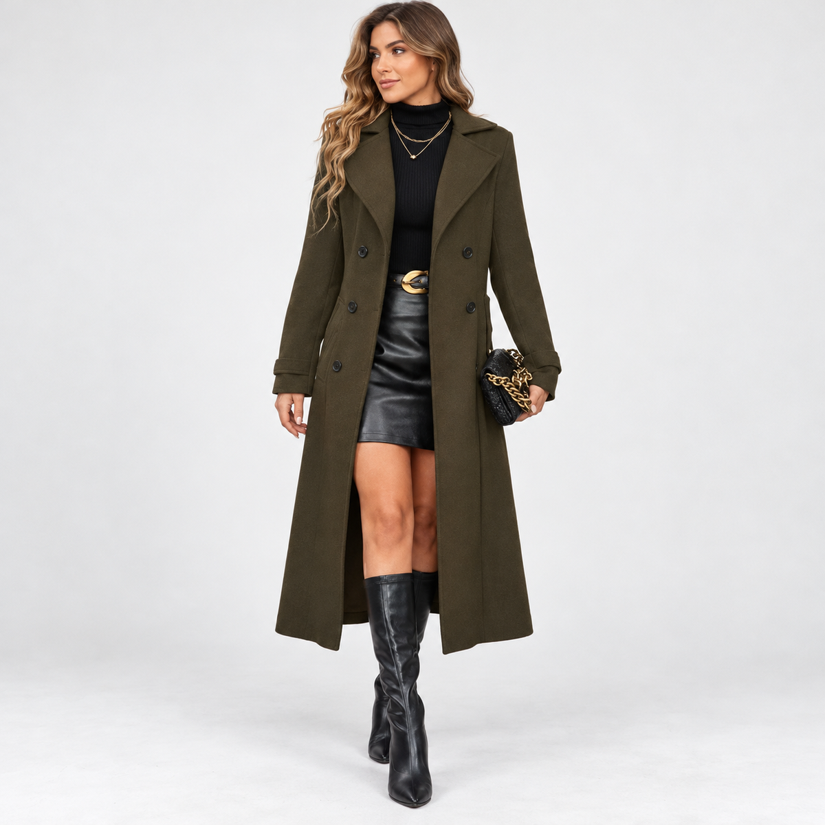 Madeline Comfort Double-Breasted Long Coat — Army Green | Hudson & Wells