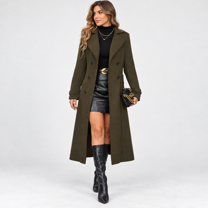 Madeline Comfort Double-Breasted Long Coat — Army Green | Hudson & Wells