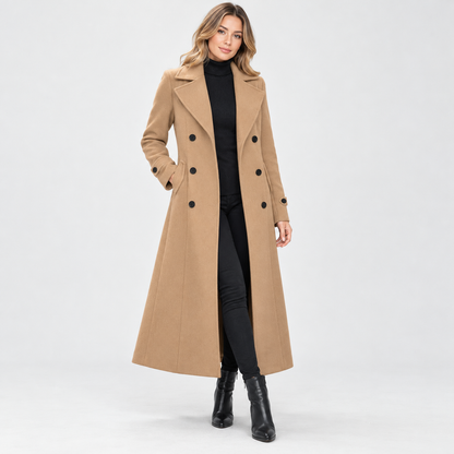 Madeline Comfort Double-Breasted Long Coat — Camel | Hudson & Wells