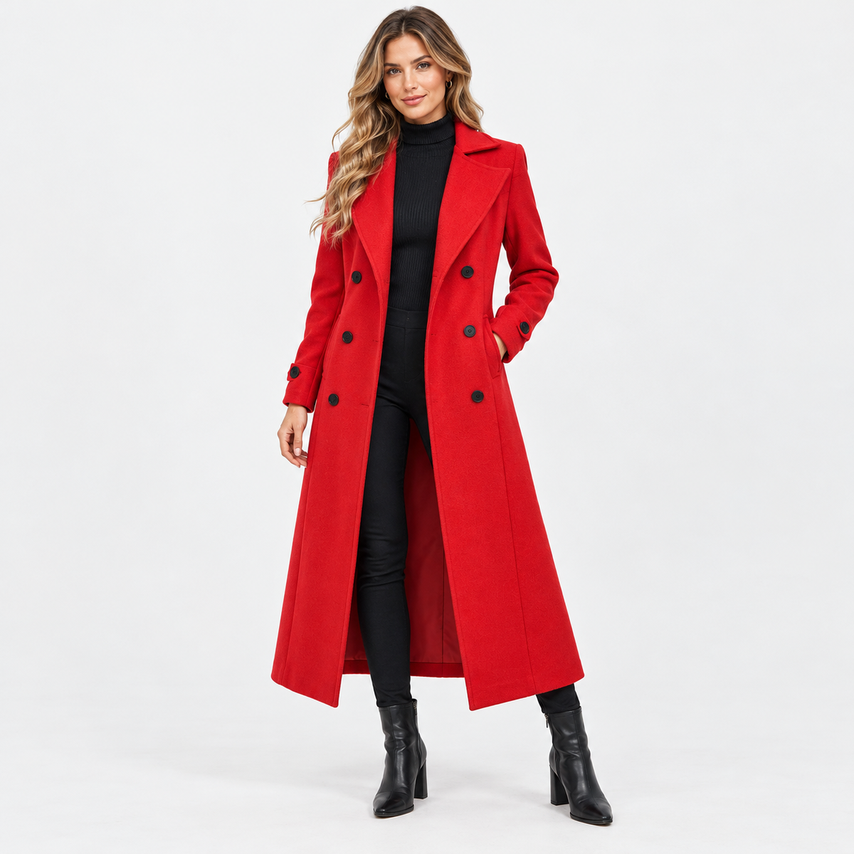 Madeline Comfort Double-Breasted Long Coat — Red | Hudson & Wells