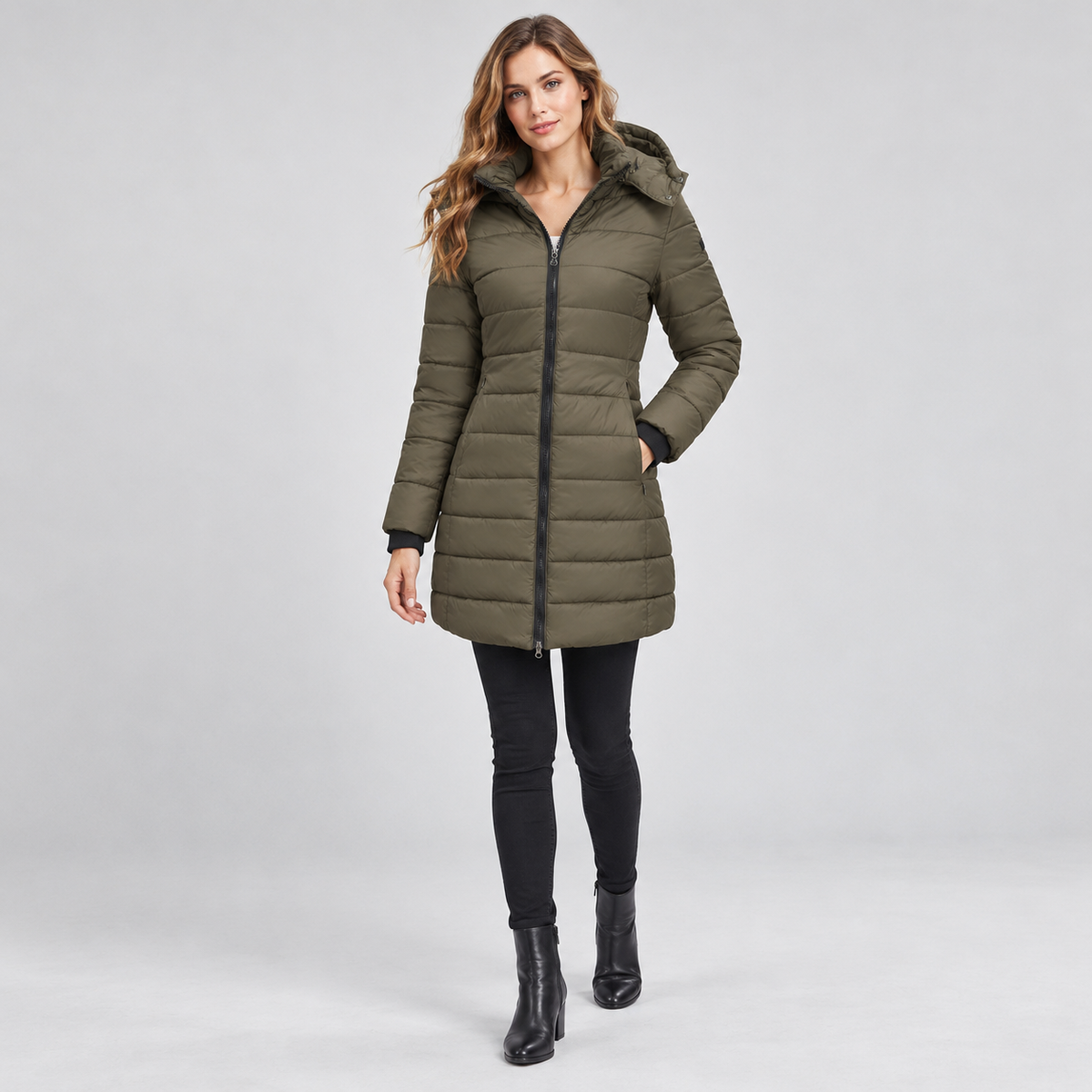 Mamie Soft Longline Puffer Coat, Hooded — Olive | Hudson & Wells