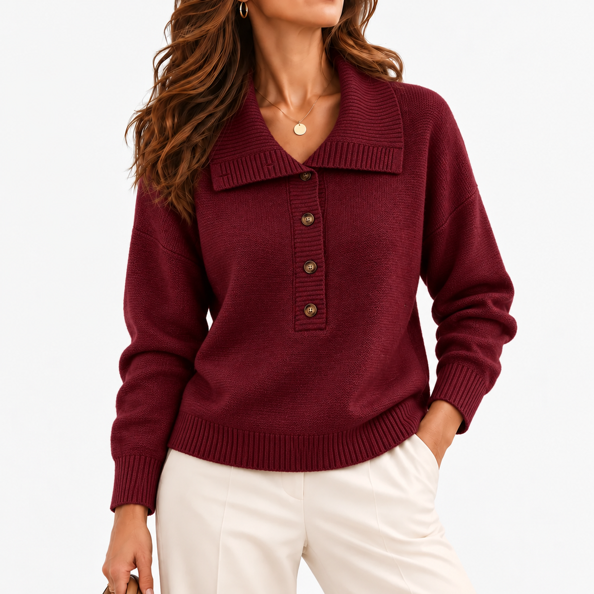 Marcia Relaxed Fit Wide-Collar Pullover Sweater — Burgundy | Hudson & Wells