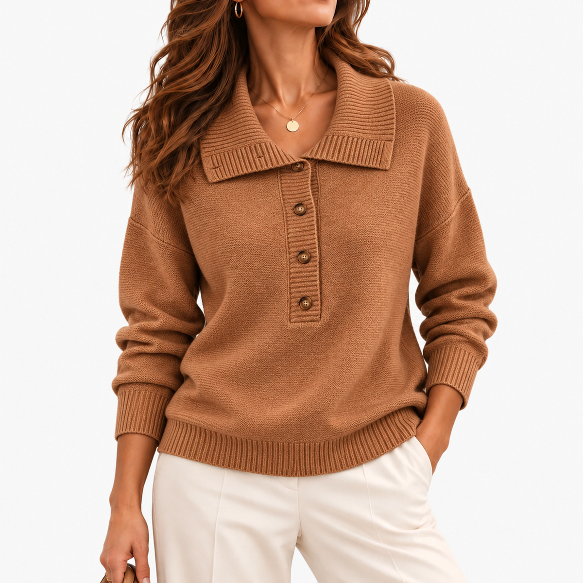 Marcia Relaxed Fit Wide-Collar Pullover Sweater — Light Brown | Hudson & Wells