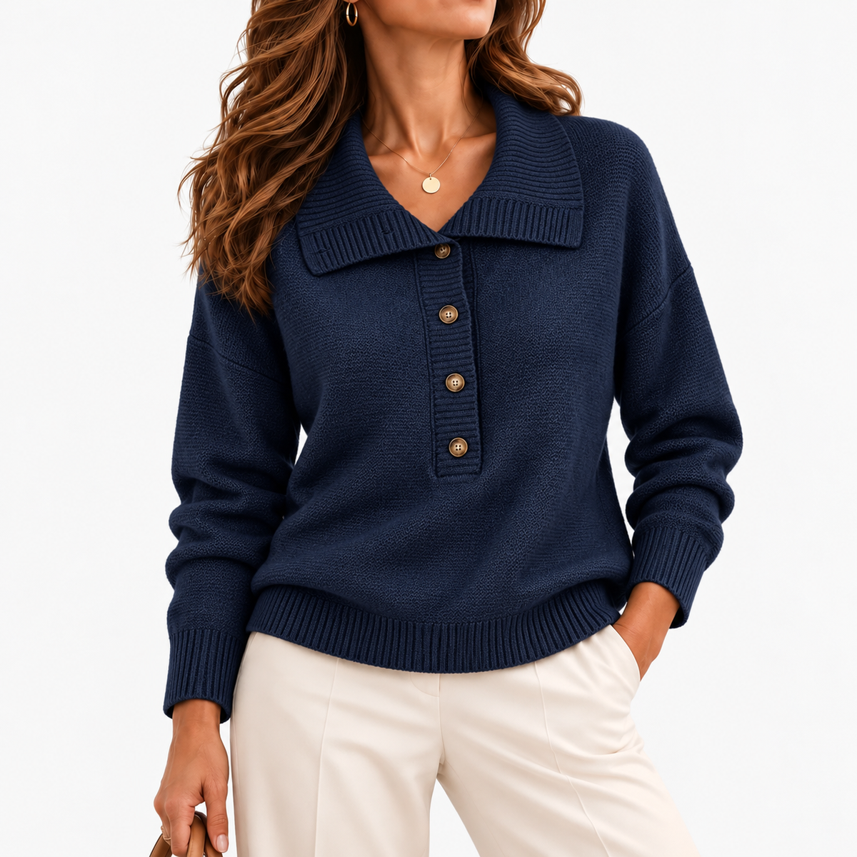 Marcia Relaxed Fit Wide-Collar Pullover Sweater — Navy | Hudson & Wells